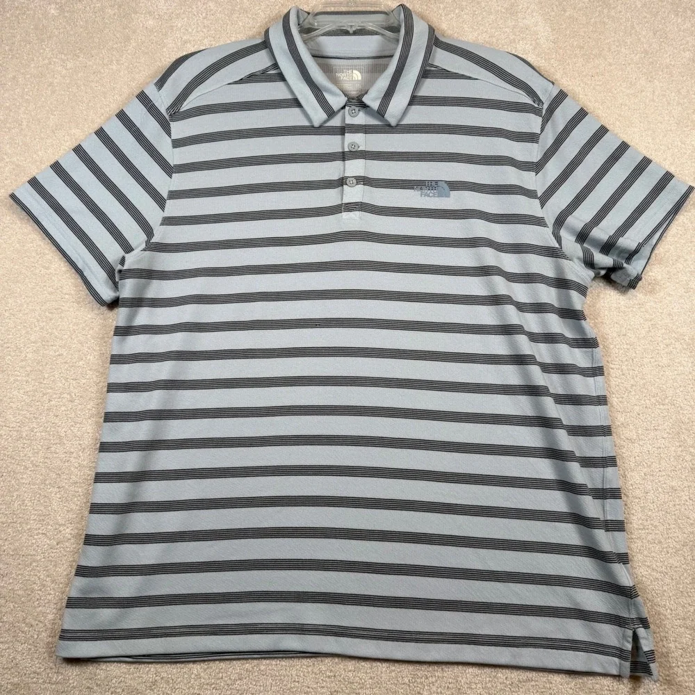 The North Face Mens XXL‎ Polo Shirt Blue Black Stripe Short Sleeve FlashDry